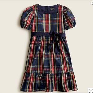 Girls' puff-sleeve dress in Stewart tartan